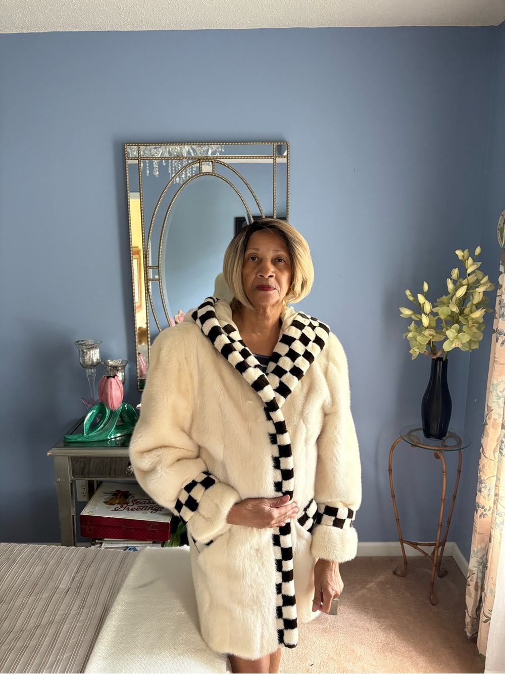 Neiman Marcus Ivory mink Fur Pea Coat with Black & White Checker Trim